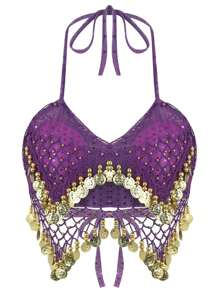 女士亮片串珠流苏露背短款上衣，短款透明亮片雪纺衬衫，波西米亚风节日肚皮舞服装（不可拆卸胸垫） - 彩色 - 查看 21