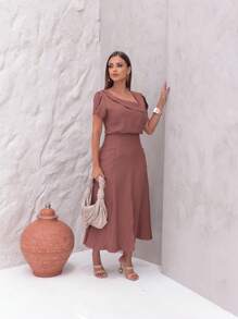 Viscose Twill Skirt And Blouse Set: Short-Sleeved Blouse With Boat Neckline, Flared Midi Skirt With Pockets And Front Slit - 鏽棕色 - 查看 6