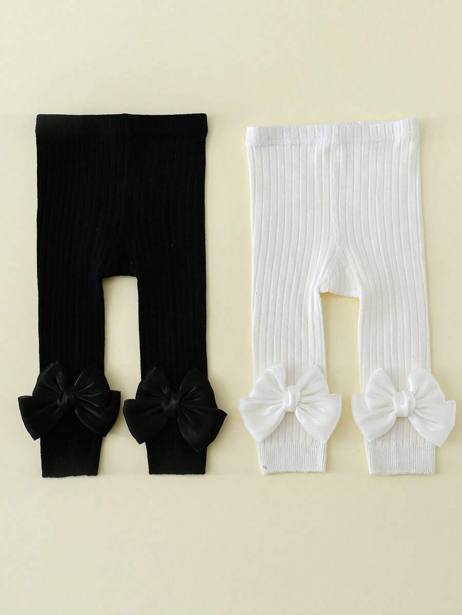 2 Packs Cotton Girls Satin Bow Detail Cropped Leggings