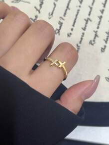 1pc Elegant Cross Design Zirconia Adjustable Ring, Golden Color, Ideal For Festivals, Parties, Or Gifting To Friends