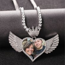 Customized Photo Personalized Crown Angel Wings Gemstone Engraved Heart Tag Photo Necklace, Stainless Steel Gift For Loved Ones, Wedding Anniversary, Valentine's Day, Jewelry Accessory