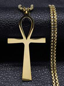 Colar Amuleto Religioso Goth Egípcio Cruz Ankh Chave da Vida em Aço Inoxidável na Cor Preta