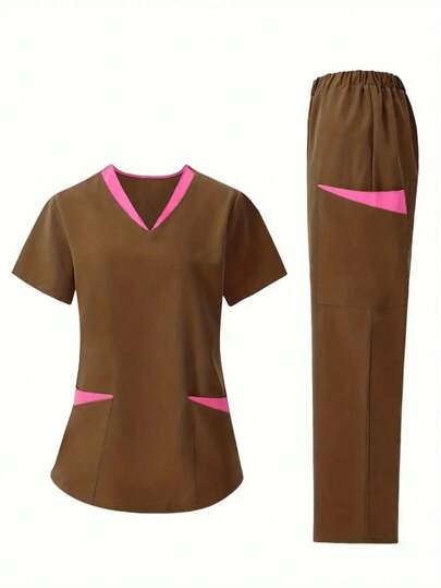 2pcs Women Contrast Color Splice Short Sleeve Pants Uniform Set