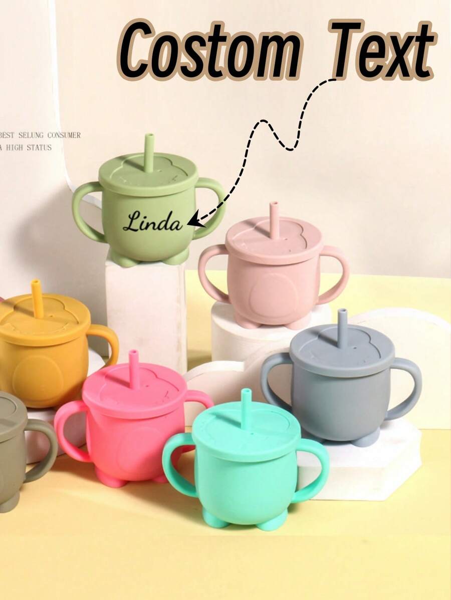 Customized Baby Silicone Double Ear Straw Cup, Drop Resistant And High Temperature Resistant Baby Drinking Cup, Penguin Water Cup, Feeding Utensils