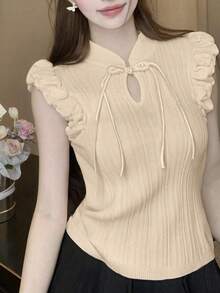 2 件套女士中式泡泡袖纽扣针织上衣，夏季针织衫 - 杏色 - 查看 5