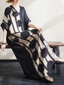 Topy, damska sukienka w kropki, elegancka sukienka na wakacje, plus size boho casualowa sukienka na wakacje, 2025 lato damska plus size dekolt w serek krótki rękaw kolor dopasowany luźna sukienka w paski duże kieszenie