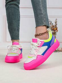 Fall/Winter Stylish Outdoor Skateboarding Shoes, Fashionable Dopamine-Inspired Color Blocking Design In Pink, Blue And Red, Elegant Sensitive Rubber Sole, Lace-Up Closure, Round Toe, Low-Top, Multi-Purpose, Suitable For Gift, Casual, Party, Women Athletic Sneakers - Pink Blue Rose Red - View 4
