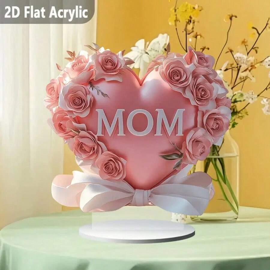 一件 2D 平面物品。2D 平面波西米亚水晶玫瑰和心形装饰盘和装饰品，用于桌面展示，上面写着“妈妈”字样。它可作为家庭和办公室的装饰品，也是一件多功能的母亲节礼物，适合桌面装饰和花园装饰。