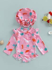 Toddler Baby Girl Rash Guard Swimsuit 6 9 12 18 Months 2T 3T Long Sleeve Stripes/Ocean Animal Print Zipper Bathing Suit Infant Swimwear With Sun Hat - Pink - View 1