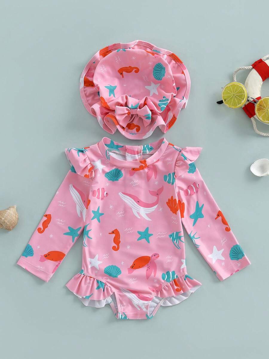 Toddler Baby Girl Rash Guard Swimsuit 6 9 12 18 Months 2T 3T Long Sleeve Stripes/Ocean Animal Print Zipper Bathing Suit Infant Swimwear With Sun Hat - Pink - View 1
