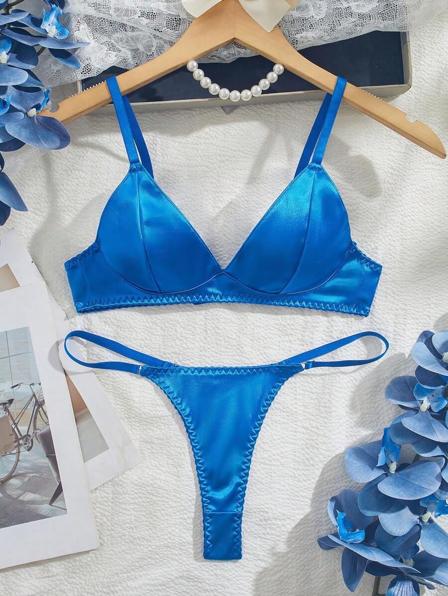 时尚性感欧美设计女士内衣套装，含胸罩和丁字裤，展现女性迷人魅力，清凉浅蓝色 - 藍色 - 查看 1