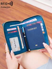 MIYIN RFID Blocking Passport Cover Card Holder With Card Slot ID Window,Solid Color PU Letter&Airplane Pattern Portable Passport Clip Ticket Clip Bank Card Bag Versatile Zippered Mobile Phone Travel Passport Wallet For Men And Women, With Wrist Strap,For Travel Flight Go Abroad For Business,Passport Holder Passport Case Passport Bag Travel Accessories Back To School Stuff (Peacock Blue)