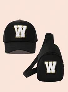 2 件儿童字母卡车设计棒球帽 + 女童迷你背包套装，轻便便携式零钱包，适合户外防晒