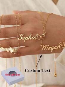 12pcs Customized Butterfly Birth Month Necklace, Stainless Steel Personalized Name Plate Necklace, Fashionable Charm Jewelry For Wedding, Party, Birthday, Autumn Seasons, Ideal Gift For Girlfriend, Mother, Family, Friend, Daughter, Grandparent