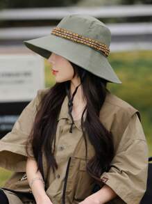 1 pieza Sombrero de cubo de unicolor con banda tejida para mujeres, casual y de moda, liviano y transpirable para protección solar, adecuado para actividades al aire libre, viajes, campamento, senderismo, diseño unisex para uso diario, primavera/verano