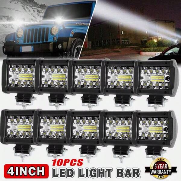 10 Packs 4 Inch 60W LED Work Light Bar, 12000LM Spot Flood Combo Off Road Light Triple Row LED Work Light Driving Fog Lamps For Pickup Truck  ATV UTV SUV Boat Light