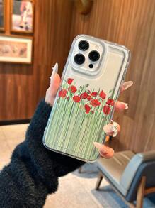 Funda de teléfono a media pantalla con flor roja y amortiguación de aire, compatible con 16 Pro Max/11/12/13/14 Plus/15 Pro/XR/XS