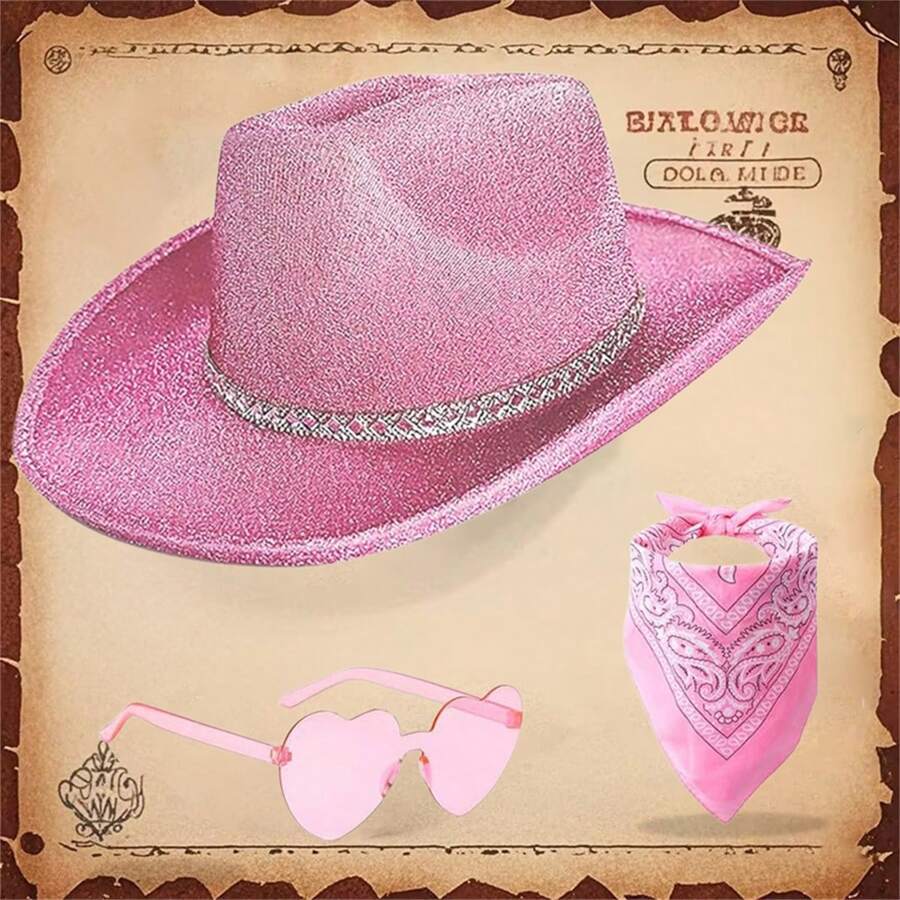 Cowgirl Hat Set, Shiny Cowboy Hat with Heart Sunglasses Neckerchief Photo Booth Props - Rosa - Ver 1