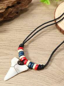 1pc Women's Fashionable Wooden Bead Shark Tooth Necklace, Retro Bohemian Jewelry, Suitable For Summer Holiday Surfing