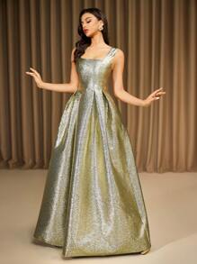 LOVE&LEMONADE 杏色编织不对称腰部晚礼服、派对礼服、长袍、正式礼服、婚礼宾客礼服 - 杏色 - 查看 2