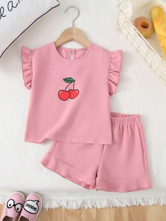 2 pezzi/set, top a maniche corte a girocollo e shorts con balze, stampa a ciliegie, casual, estivo, per ragazze