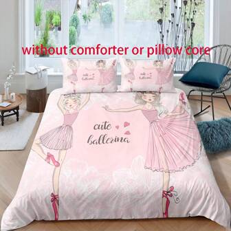 3pcs Pink Little Girl Dancing Pattern, Soft & Cozy Duvet Set (Includes 1 Duvet Cover And 2 Pillowcases, No Filler), Suitable For Single/Double Bed Bedroom And Guest Room Decor