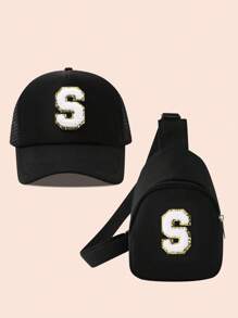 2 件儿童字母卡车设计棒球帽 + 女童迷你背包套装，轻便便携式零钱包，适合户外防晒