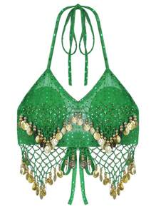 女士亮片串珠流苏露背短款上衣，短款透明亮片雪纺衬衫，波西米亚风节日肚皮舞服装（不可拆卸胸垫） - 彩色 - 查看 14