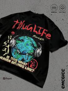 Y2K, Musical Life,The Earth,Modern,Street Style,Fashionable Pure Cotton Men's T-Shirt, Multiple Colors To Choose From, A Surprise Gift For Family And Friends, With Drooping Shoulder Sleeves And Round Neck