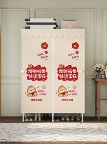 1pc Cute Cartoon Pattern Portable Wardrobe, Modern Style Fabric Cover, Steel Pipe Frame And Plastic Connectors, Sturdy And Durable, With 2 Hanging Sections And 2 Storage Shelves, Reasonable Storage Space, Suitable For Home, Single Apartment, Dormitory, Bedroom Closet Storage Furniture, 86x45x170cm - Multicolor - View 6