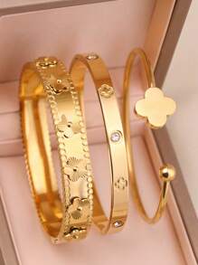 3 件时尚百搭精致高端花卉水晶四叶草心形可打开不锈钢手链套装，镀金防水珠宝，送给妈妈的礼物，适合女性日常佩戴、聚会和度假 - A款四葉草 - 查看 15