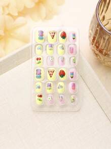 (168pcs 7 Packs) And (24pcs 1 Pack) Children's Acrylic False Nails Press-On Pre-Glued Full Cover Glitter Cute Everyday Food, Macron Biscuits, Small Cakes, Pizza, French Fries, Strawberries, Cherries Other Elements Short Children's Stick-On False Nails Set Suitable For Children Little Girls - Cute Simple Food Festival Party Theme Nail Diamond - Multicolor - View 12