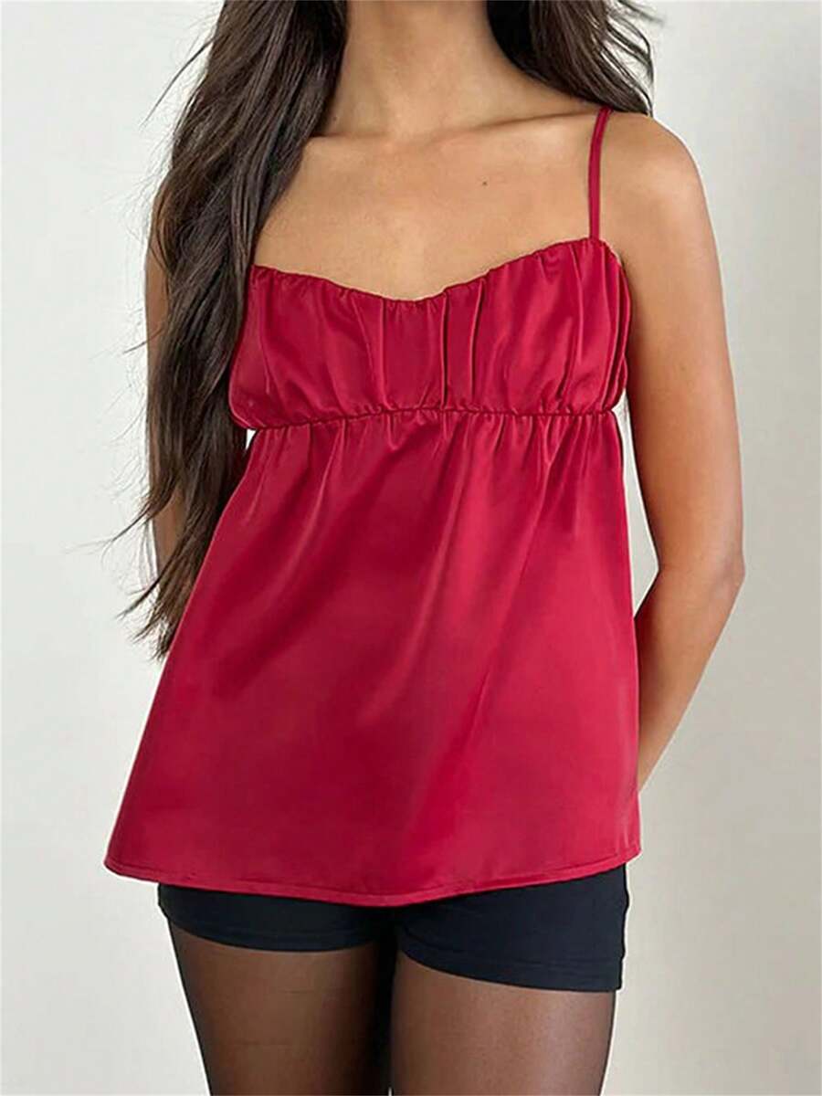 Women's Summer Ruched Cami Tops Sleeveless Open Back Low Cut Solid Color Satin Tank Tops - Red - View 1