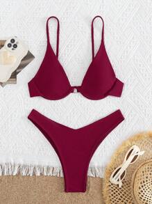 2 件套女士夏季纯色钢圈文胸性感比基尼套装