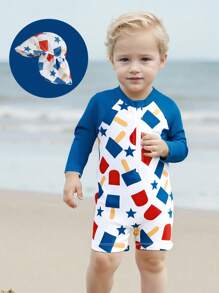 0-5 Years Toddler Boy Rash Guard Swimsuit 4th Of July Star/Plaid Print Long Sleeve Mock Neck Zip Bathing Suit With Hat - White - View 6