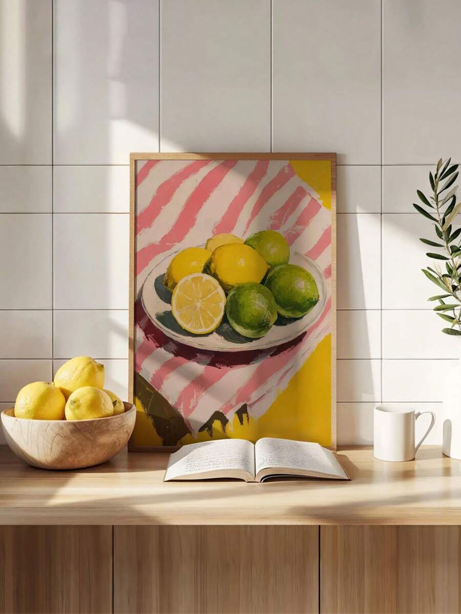 1PC Vibrant Lemon And Stripes Art Print - Danish Pastel Soft Pink, Modern Wall Decor For Kitchen, Living Room, Bedroom - Frameless Canvas Poster, Lemon Kitchen Decor - Multicolor - View 1