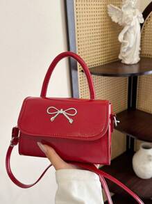 1pc Customizable Text, Name Gentle And Sweet Bow Fashionable Handbag Versatile Ins Shoulder Messenger Bag Fashionable And Gentle Small Square Bag With Bow Decoration Pu Material Magnetic Buckle Closure Messenger Bag, High-End Solid Color Matching, Suitable For Girls Shopping Daily Use, Put Mobile Phones And Wallets, Girls Princess Style Handbag Messenger Bag - Bow Handbag - View 7