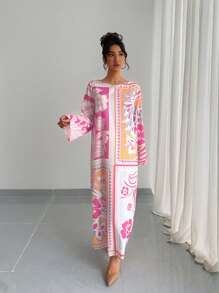 1 件女士奢华圆领荷叶边袖宽松休闲轻便透气日常长袍，度假风格，优雅晚礼服，传统阿拉伯节日礼服