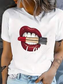 Ladies' Fashionable Lipstick And Lip Print T-Shirt, Suitable For Outdoor Activities And Comfortable Daily Wear, T Shirts Women's Excellent Gift Choice