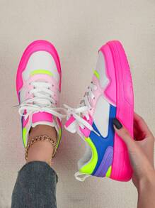 Fall/Winter Stylish Outdoor Skateboarding Shoes, Fashionable Dopamine-Inspired Color Blocking Design In Pink, Blue And Red, Elegant Sensitive Rubber Sole, Lace-Up Closure, Round Toe, Low-Top, Multi-Purpose, Suitable For Gift, Casual, Party, Women Athletic Sneakers - Pink Blue Rose Red - View 2