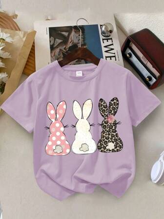 Koszulki z nadrukiem króliczka z kreskówek dla dziewcząt w okresie wiosenno-letnim, z okrągłym dekoltem, dla dziewcząt, z luźnymi koszulkami i miękkimi bluzkami