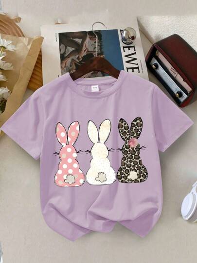 Cartoon Rabbit Print Round Neck T-Shirt, Casual & Soft Top For Spring/Summer