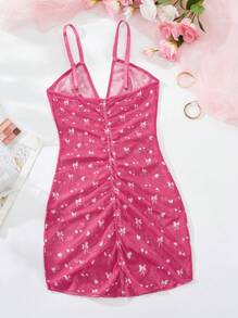 Women's V-Neck Bowknot Cherry Love Digital Printing,Ruffle Hem Bodycon Slip Dress,Sheer Sleep Skirt,Backless Babydoll,Summer Short Dress,Romantic Date,Mesh Cami Mini Dress,Sexy Lingerie Dress, Vacation