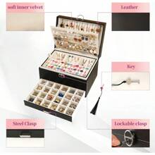 Earring Jewelry Box For Women Girl Stud Organizer, 5 Layers Girl Jewelry Organizer Box With Lock Earring Holder Organizer Necklace Ring Jewelry Organizer Box For Girls (Black)