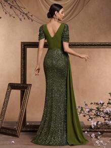 Vestido feminino elegante, de alta qualidade, com lantejoulas, contas, decote em V, manga curta, charmoso e luxuoso para coquetéis, vestido de noite formal com fenda alta e cauda de sereia, artesanato delicado (pesado), para convidadas de casamento - Verde Azeitona - Ver 5