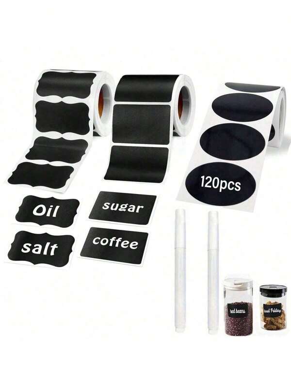 120pcs Black Reusable Waterproof Label Stickers, Wave Pattern For Kitchen Food Storage Containers, Jars, Spices, Food, Includes 1 White Chalk Marker,Mason Jars, Parties Decoration, Craft Rooms, Weddings, Storage,Glass Bottle, Home & Kitchen Supplies