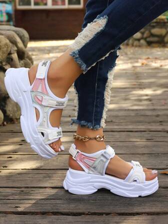 1 Pair Women's Thick Sole Sandals, Summer Sport Sandals With Strap Hook And Loop Closure, Colorblock Glossy Finish, 6.5cm Height Increase, Comfortable & Breathable Beach Sandals