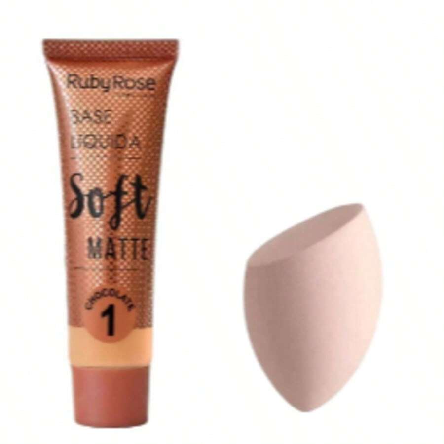KIT Liquid Foundation Soft Matte Beige Ruby Rose HB8050+1PC Facial Sponges For Makeup (Random COLORS) - Chocolate1 + Esponja (COR Aleatórias) - View 1