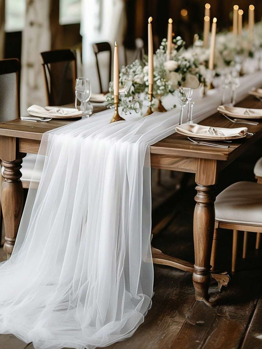 优雅的白色透明婚礼桌旗窗帘套装 1 件，涤纶薄纱拱形窗帘多功能装饰套件，适用于订婚、生日、公主主题派对和节日庆典、仪式和招待会活动，适合各种场合，包括新娘送礼会、乔装和单身派对