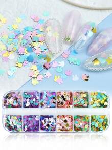 Set de 12 compartimentos con lentejuelas con forma de cabeza de conejo de color macarrón, adornos coloridos tipo copos de nieve de Pascua para manualidades, suministros y accesorios para decoración de uñas de primavera y verano